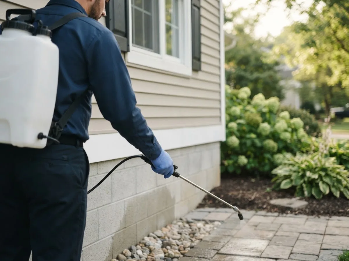 Pest control technician inspecting a home in Pfafftown, NC